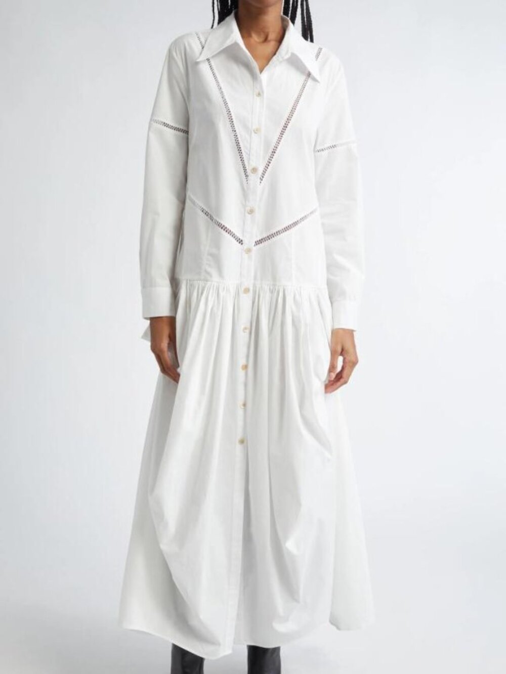 Diotima Ritual White Crochet-Trimmed Gathered Cotton-Poplin Midi Shirt Dress